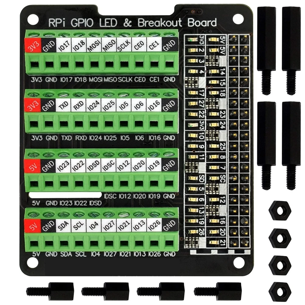 

RPi GPIO Status LED and Terminal Block Burst Caps for Raspberry Pi A+ 3A+ B+ 2B 3B 3B+ 4B Terminal Blocks