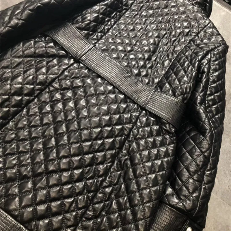 Brand Design Women Genuine Leather Jacket Coat Spring Classical Plaid Double Breasted Real Leather Jacket Belt