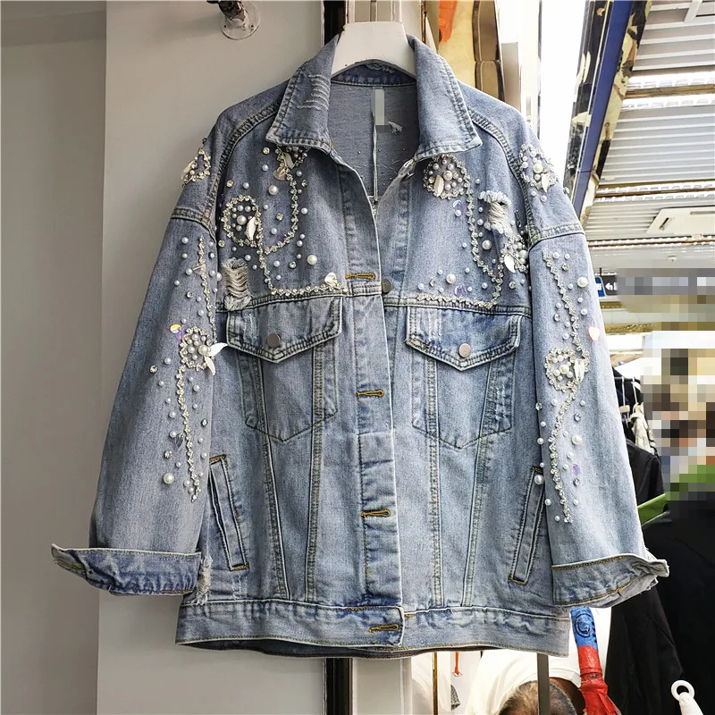 

European 2022 New Heavy Beads Diamond Long Sleeve Loose Denim Jacket Korean Style Fashion Street Clothing Long Sleeve Coat
