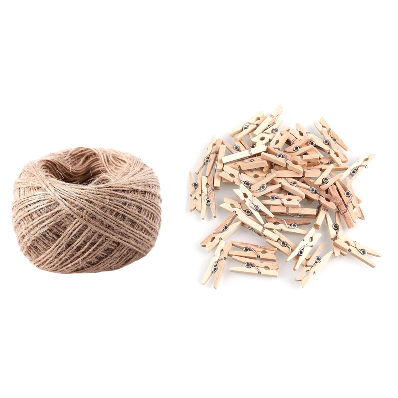 

1 Pcs 100 Meter Natural Textured Hessian Jute Twine String 1Mm & 150 Pcs Mini Natural Wooden Clothes Photo Paper Clothespin Craf