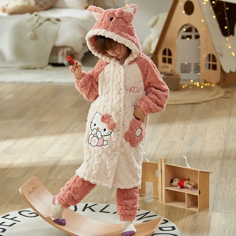 

Kawaii Sanrio Kuromi Nightgown Girls Winter Thickened Coral Fleece Hooded Children Mother and Daughter Facecloth Pajamas