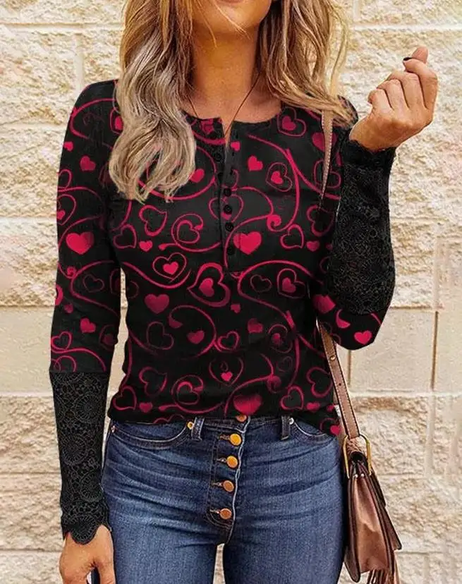 

Valentine's Day Heart Print Contrast Lace Long Sleeve Top for Women O-neck Casual Tee Pullovers Girls