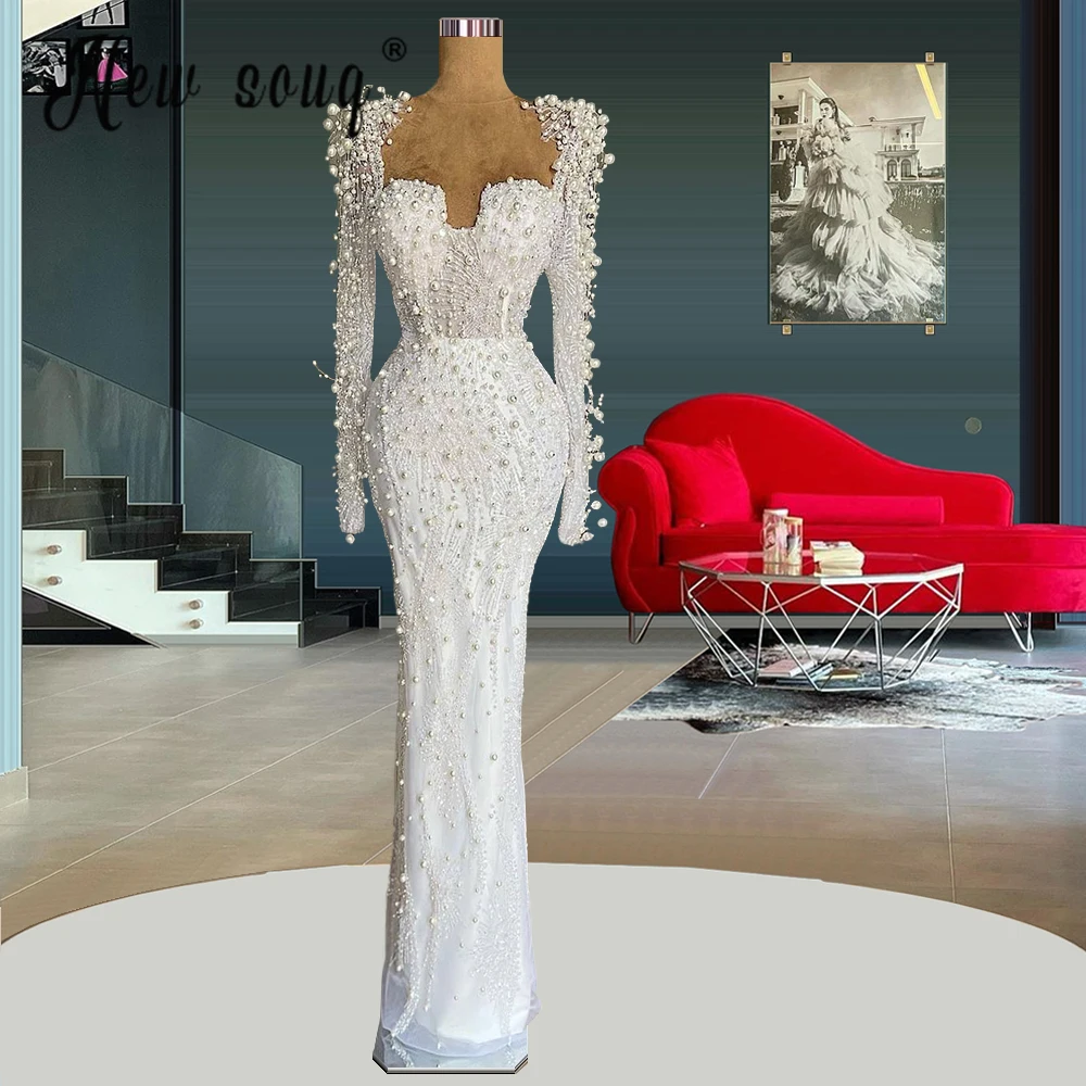 Ladies Elegant Pearls Beaded White Evening Dress 2022  Party dresses for weddings Dubai Arabic abiti da sera Plus Size