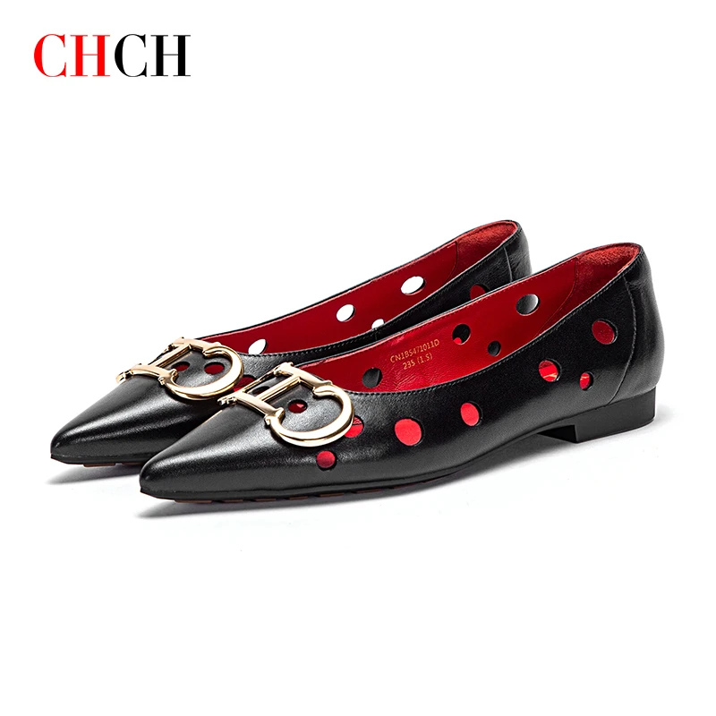 

CHCH Fashion New Women's Shoes Sexy Leather Shoes Summer Pointed Toe punching Breathable and comfortable Casual Flat Shoes