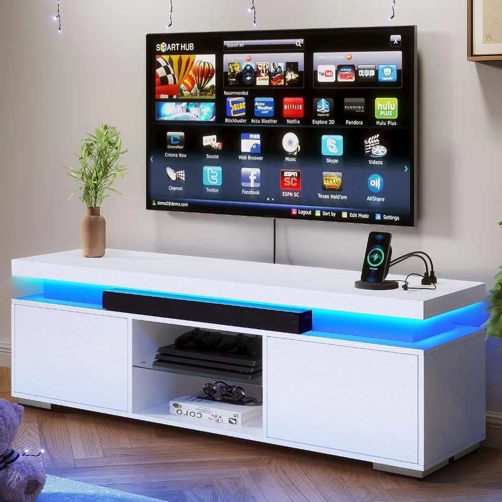 

LED Entertainment Center with Power Outlets,Modern TV Stand for 60/65 inch,Entertainment Center Storage Cabinet TV Table,White