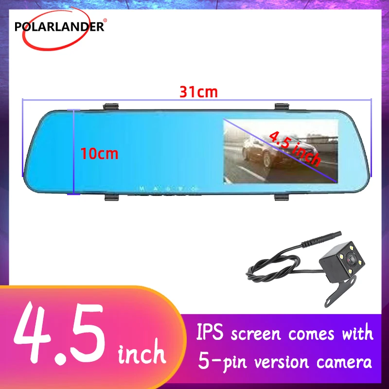 

Dash Cam Night Vision 170 Degrees SD/TF 4.5 Inch Rearview Mirror Driving Recorder with 5-pin 4LED Camera Dual Recording Rearview