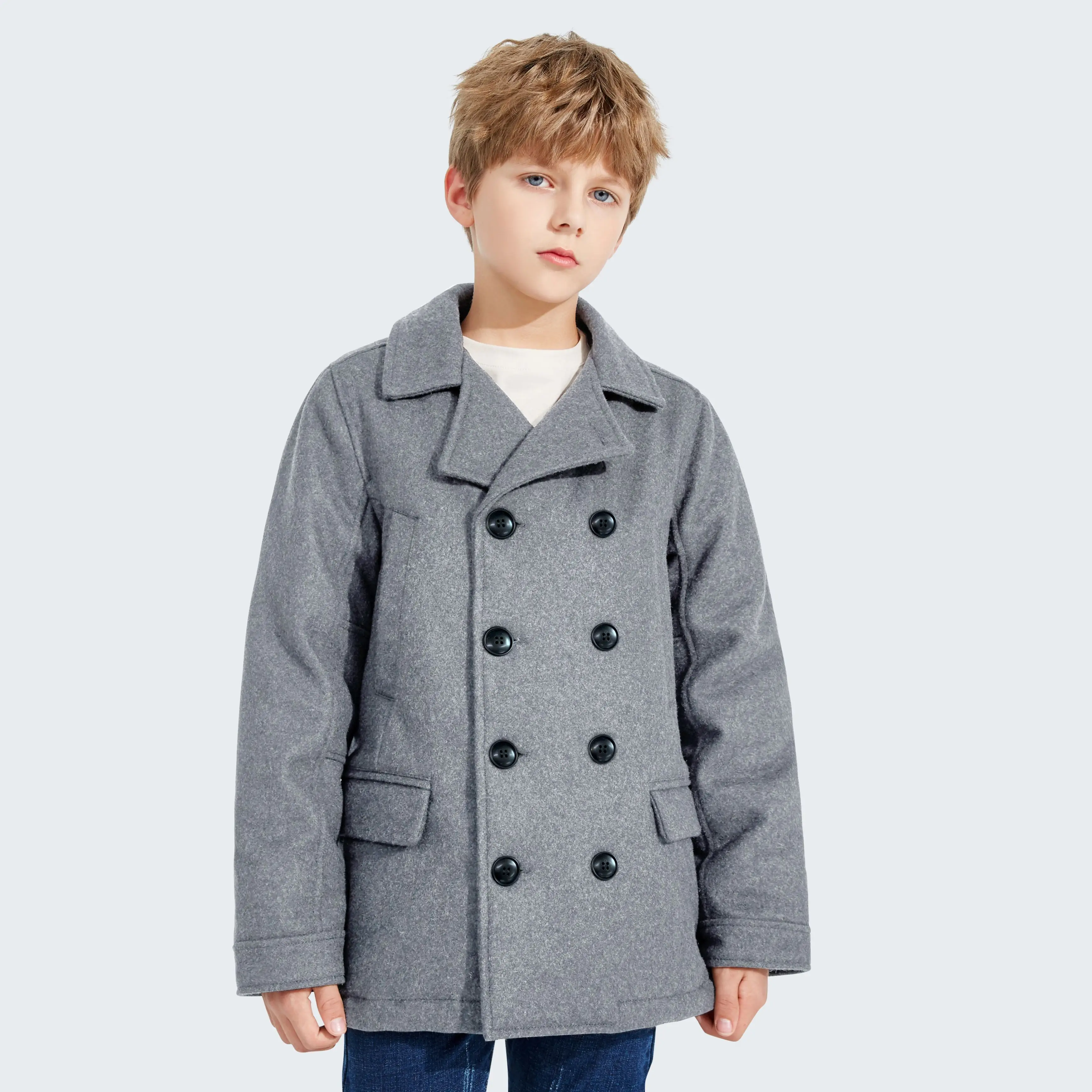 

Maoo Garden Boys Coat Elegant Notched Collar Double Breasted Wool Blend Over Pea Coat