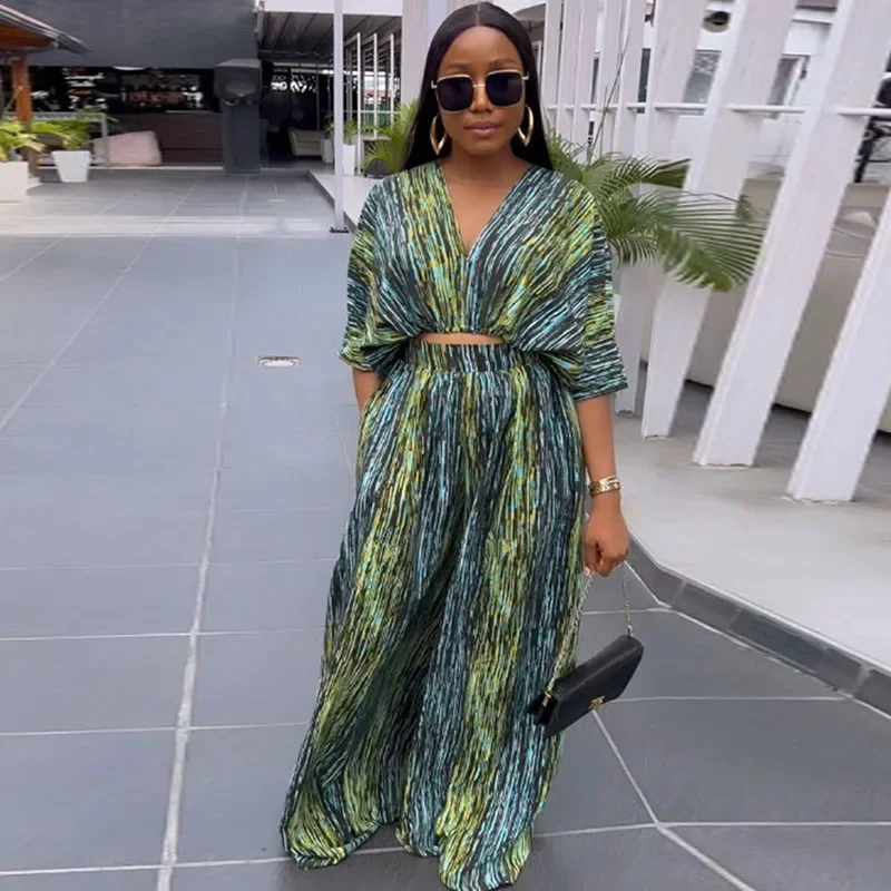 

Vintage Print Wide Leg Pants Women 2 Pieces Set Batwing Sleeve V-neck Crop Top and High Waist Straight Pants Matching Sets Club