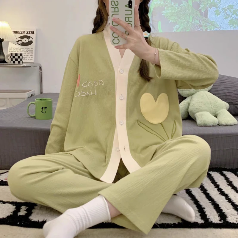 Pajamas for Women's Spring Student Youth Style Flower V-neck Soft Home Service Suit Casual Breathable and Comfortable Nightwear