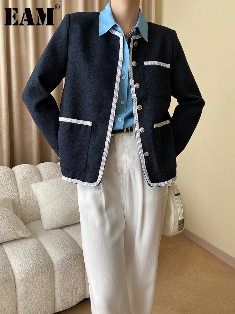 

[EAM] Loose Fit Navy Color-block Big Size Jacket New O-neck Long Sleeve Women Coat Fashion Tide Spring Autumn 2023 1DH0171