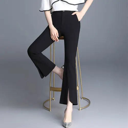 

2023 New Spring Autumn Women's Vintage Fashion High-waisted Solid Elastic Long Trousers Casual Female Silm Flare Pants C96