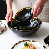 black luxury gold plate set aesthetic ceramic pasta restaurant bowl dinnerware decorative pratos de jantar serving tray kitchen
