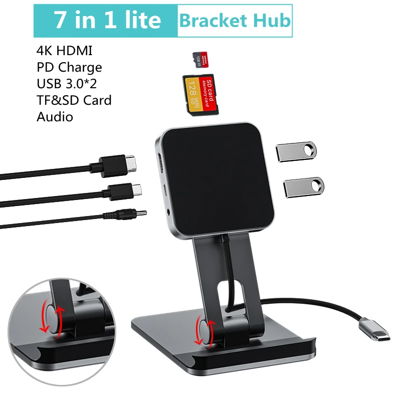 

Bracket Dock Station 7-in-1 USB C Hub Standing Multiport Adapter Hub HDMI TF SD Card USB 3 PD Charge for Tablet Laptop iPad Pro