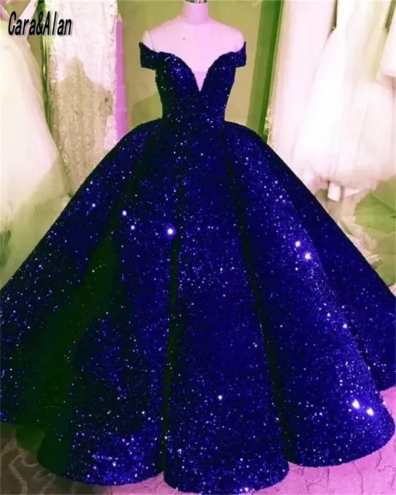 

Cara&Alan Luxury Sequin Ball Gown Prom Dresses Off The Shoulder Short Sleeves Ruffles Evening Dress For Women Party