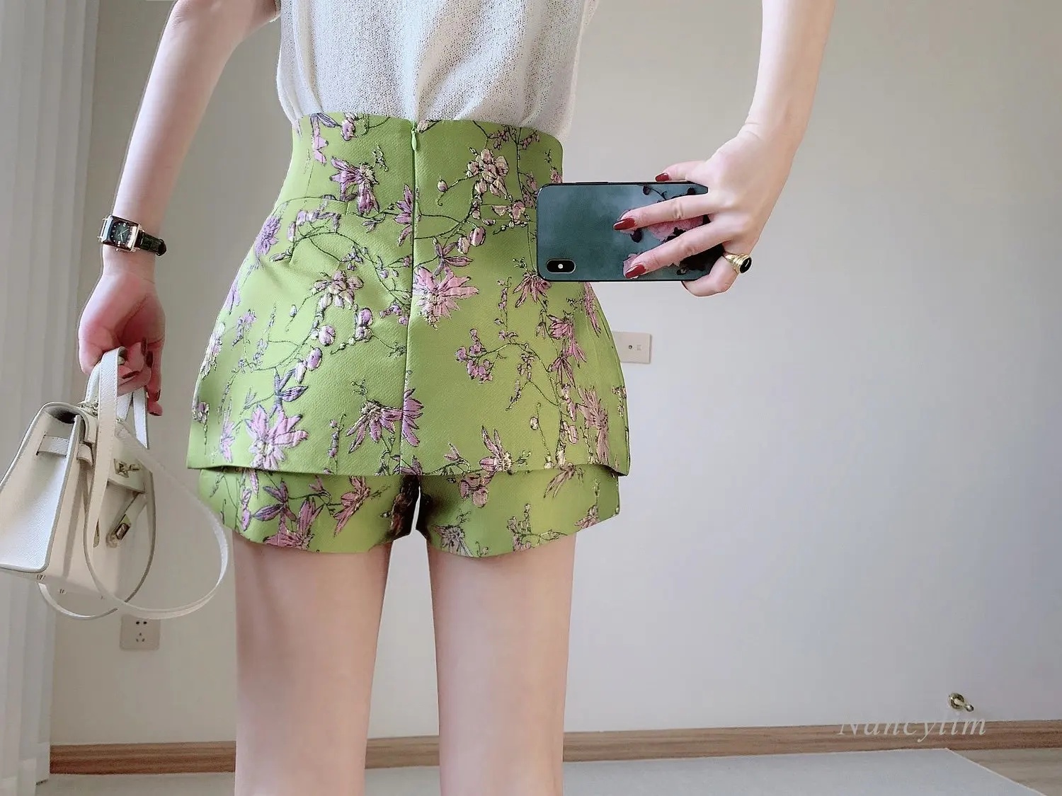 2023 Summer New Chic High Waist Embroidered Wide-Leg Skirt Shorts for Women Beaded Double Breasted A- Line Shorts