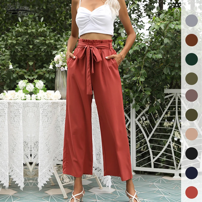 

Casual Wide Leg Pants Women Summer New Aesthetic Style Elastic Waist Sashes Solid Pants All-matched Loose Pantalon Pants 22704