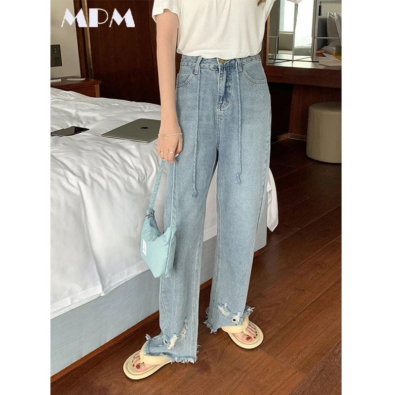 

Модные рваные женские джинсы с высокой талией, свободные уличные потертые женские прямые брюки, повседневные широкие брюки, новинка 2022