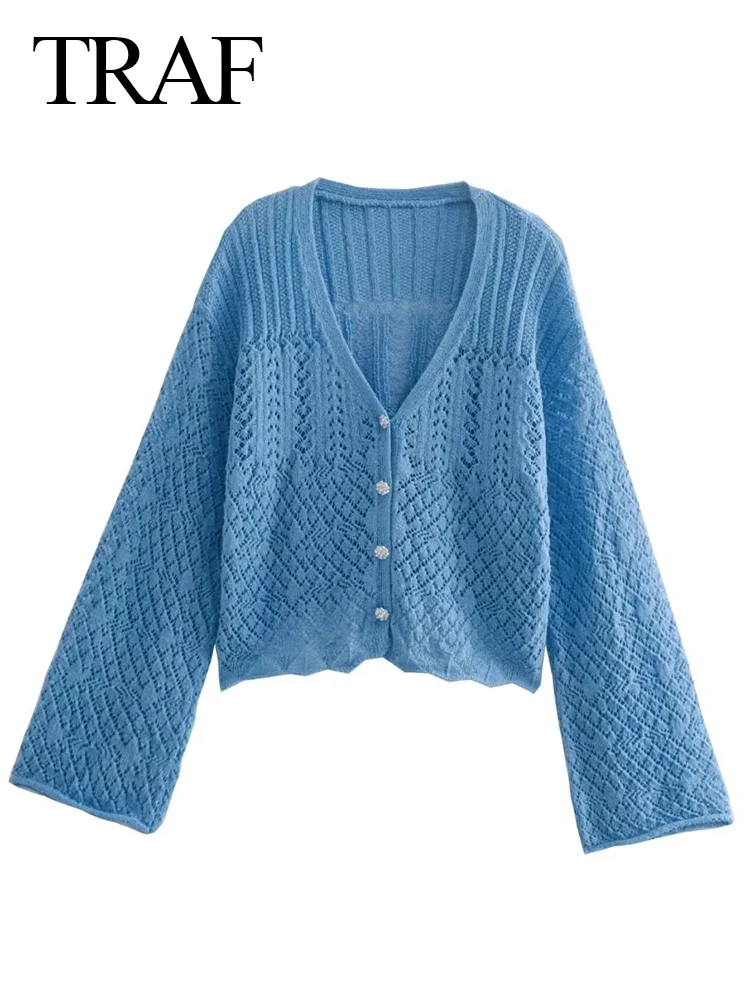 

TRAF Solid Color Blue Knit Sweater Cardigan Top Bright Diamond Button V-neck Flared Cuffs Hollow Texture Loose Short Coat Women