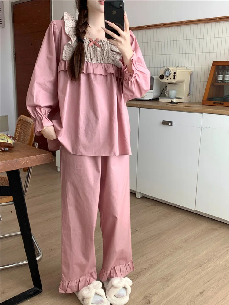 Новый мягкий розовый пижамный комплект с цветочным принтом из хлопка для