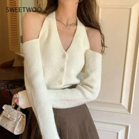 2022 spring elegant halter v neck kint sweater women vintage pullover casual long sleeve crop tops female korean blouse chic ins