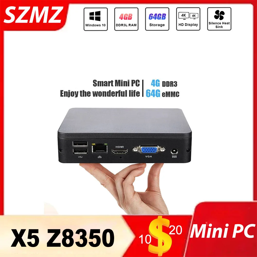 

SZMZ New Mini PC X5 Z8350 1.92GHz 4GB RAM 64GB SSD Wnidows 10 Linux Support HDD, VGA HD Dual Output WIN10 TV BOX Mini Computer