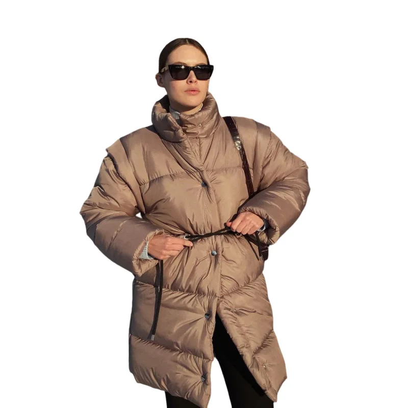 Button Cardigan Waist Tie Elastic Stand Collar Cotton Padded Jacket Womens Sleeve Detachable Cotton Padded Jacket Women