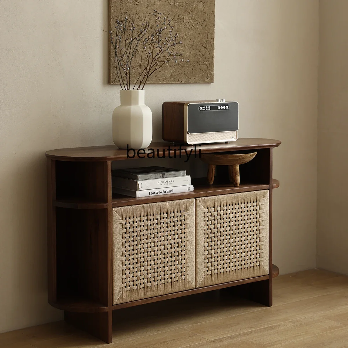 LНовый китайский веревочный плетеный закругленный угловой боковой шкаф в