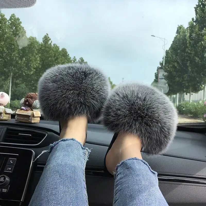 Фото Тапочки из лисьего меха, женские летние меховые домашние уличные сандалии на плоской подошве, повседневные шлепанцы с енотом для мальчиков, роскошные шлепанцы высокого качества, обувь №5