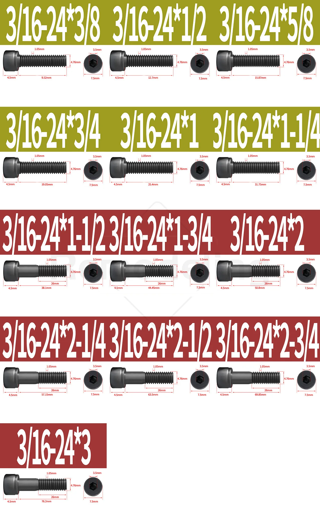 Черные высокопрочные болты с шестигранной головкой BSW 1/8-40 5/32-32 3/16-24