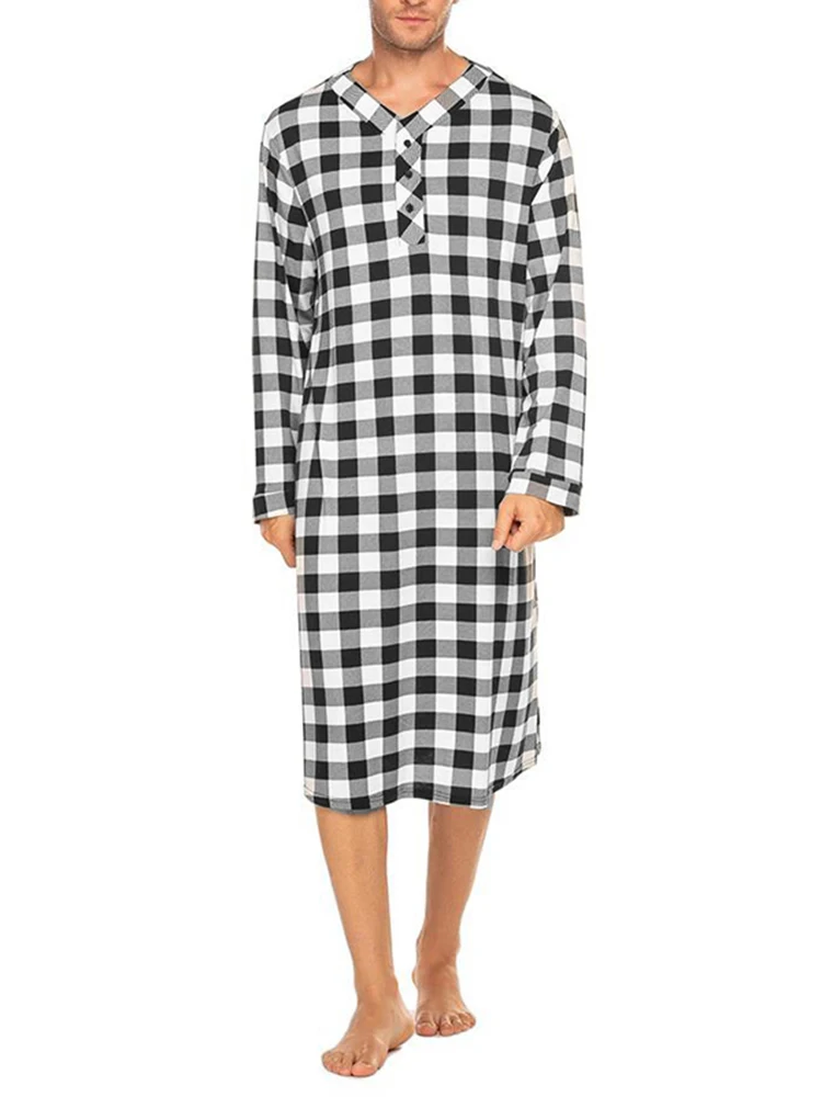 INCERUN Fahsion Men Sleep Robes Long Sleeve V Neck Plaid Nightgowns Man Button Loose Breathable Sleepwear Causal Long Bathrobes