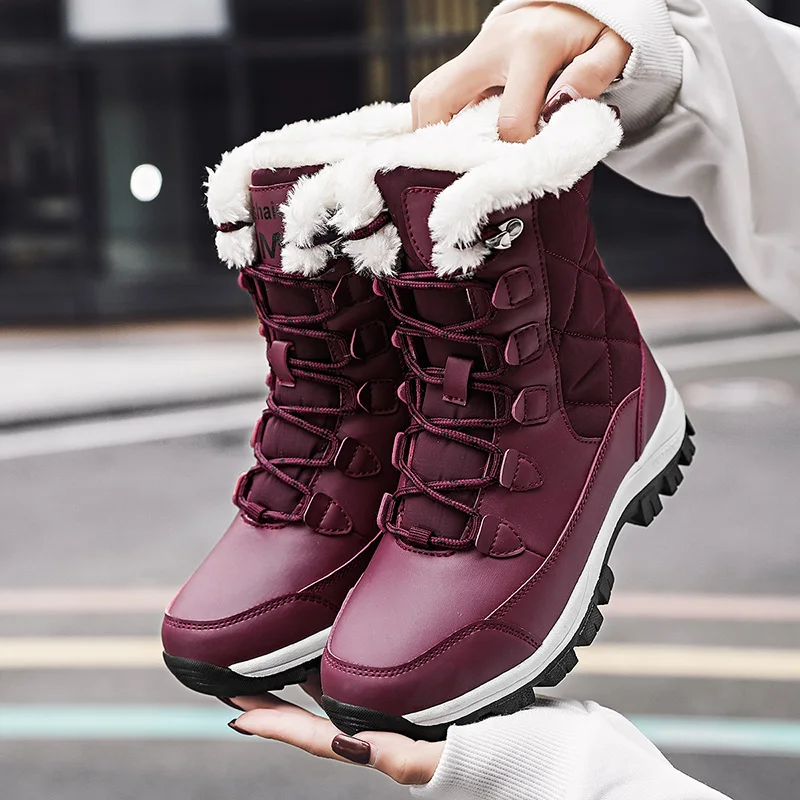 

Womens Snow Boots Keep Warm Winter Outdoor Non Slip High Top Cotton Shoes Solid Color Round Polyurethane Low Heeled Ankle Boots