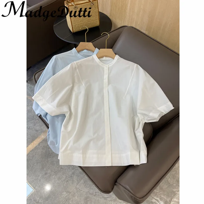 

3.17 MadgeDutti Women Temperament Elegant Stand Collar Hidden Breasted Short Sleeve Loose Shirt