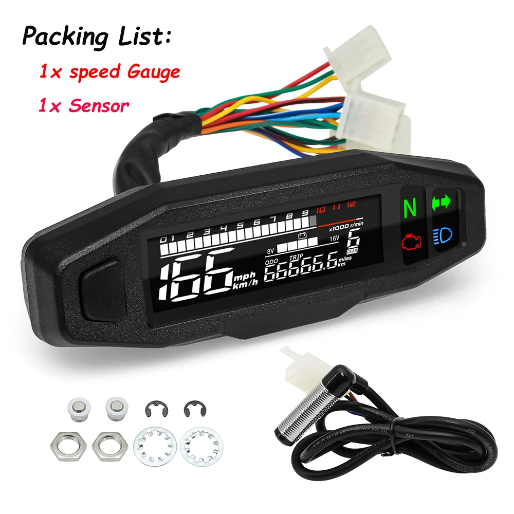 

199 км/ч мотоциклетный тахометр, ЖК-метр, универсальный цифровой спидометр, одометр общего пробега, W кронштейн, подсветка, доступ к двигателю