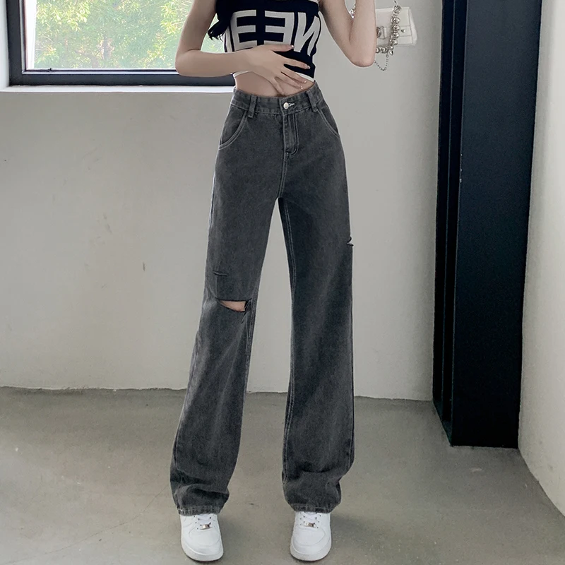 

Hot Girl Ripped Jeans Female Summer Beggar Pants Straight Loose High Waist Trousers Loose Straight Pants Wide Leg Jeans Tide
