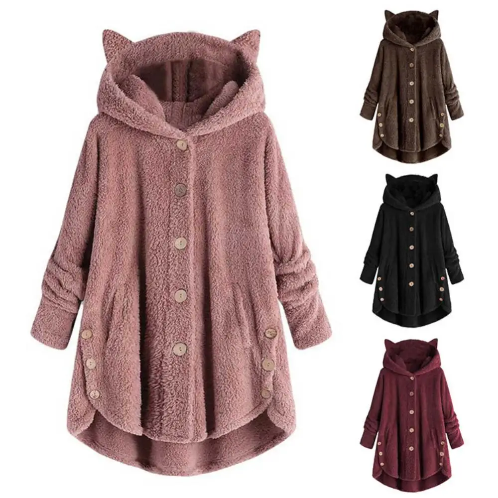 

Женское зимнее пальто, бархатная Спортивная милая куртка с капюшоном с кошачьими ушками и асимметричным подолом на пуговицах, флисовое пальто