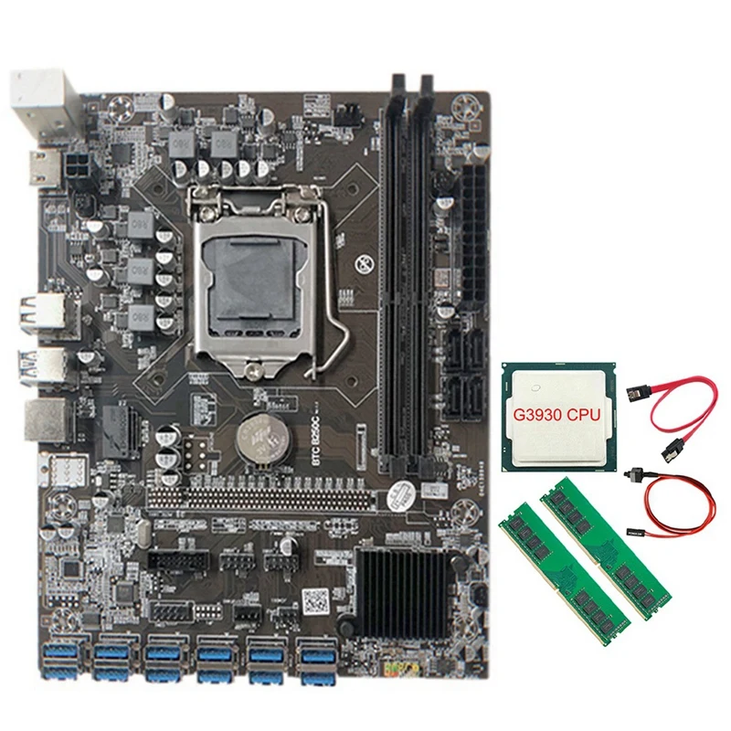 

Материнская плата для майнинга B250C с процессором G3930 + 2X DDR4 4G 2666 МГц ОЗУ + кабель SATA + кабель переключателя 12XPCIE на плату со слотом для карты USB3.0