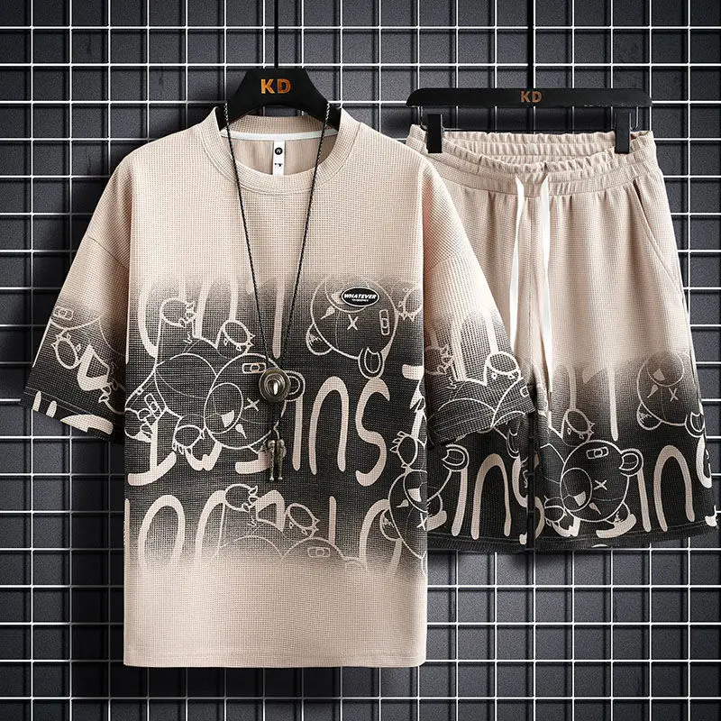 

Мужской модный комплект из двух предметов, свободный тонкий мягкий удобный качественный черный комплект из двух предметов с круглым вырезом и принтом, лето 2023