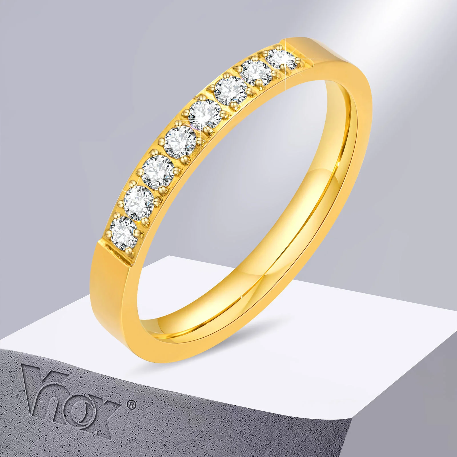 

Vnox 3mm Slim Women Rings, Gold Color Stainless Steel Finger Band with AAA CZ Stone Row, Bling Lady Girls Elegant Jewelry