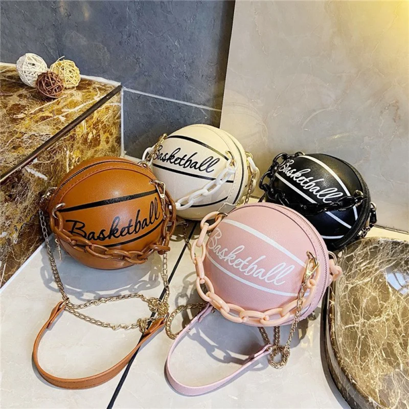 

Personality women pu leather basketball bag new ball purses for teenagers circular shoulder bags female crossbody chain bag