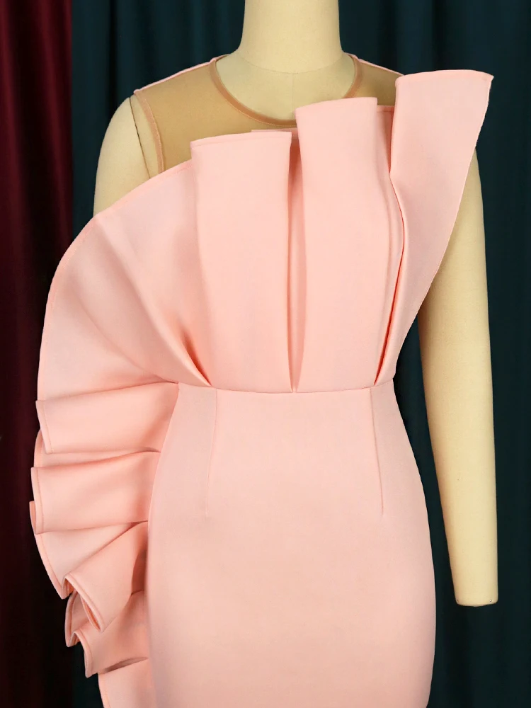Plus Size Women Pink Dress Birthday Party Ruffle Stylish Sleveless robes femmes Mesh Patchwork Elegant Summer Homecoming 2023