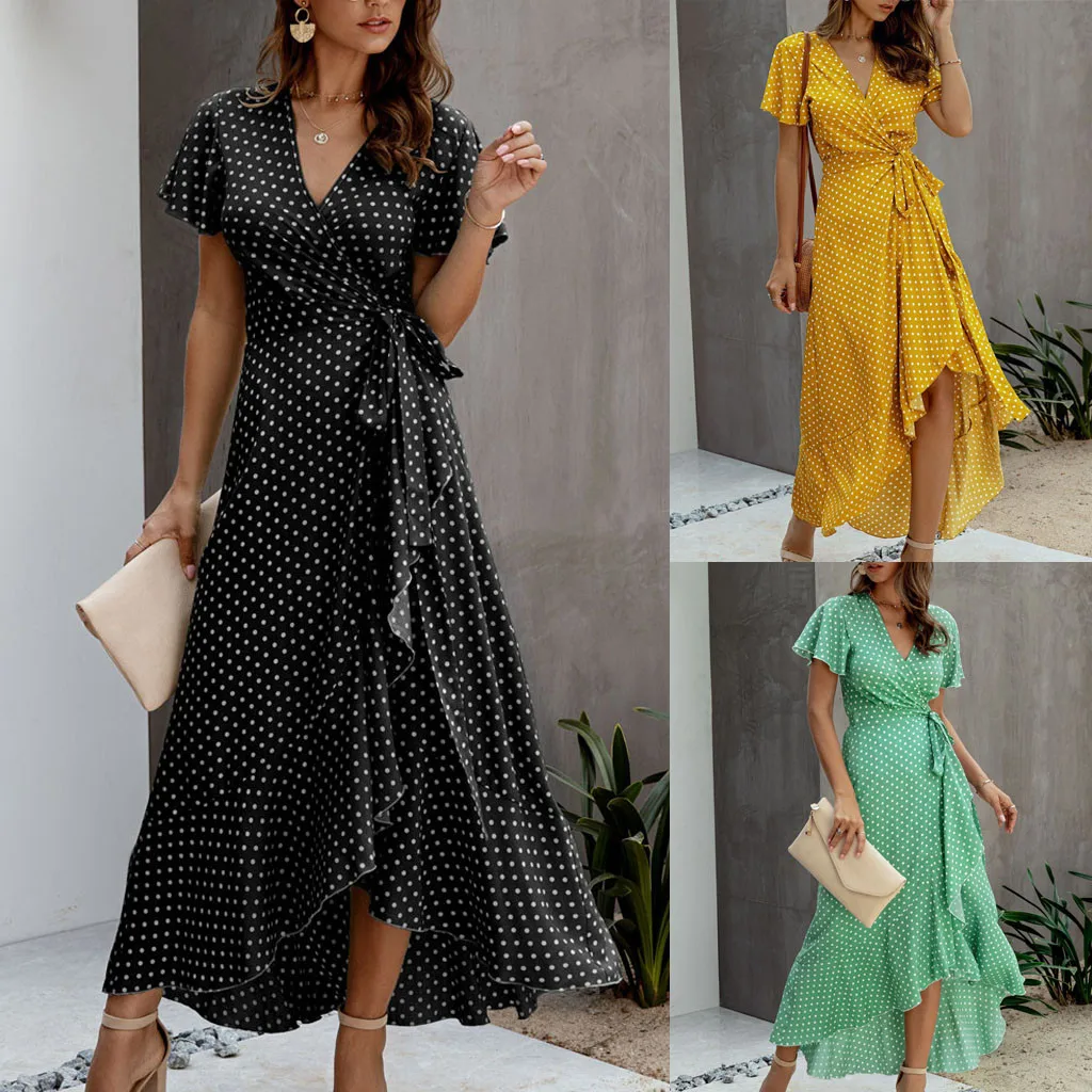

Women's Dresses Bohemian Polka Dot Chiffon Wrap V Neck Short Sleeve Split Maxi Dress Boho Party Dress Elegant Sundress