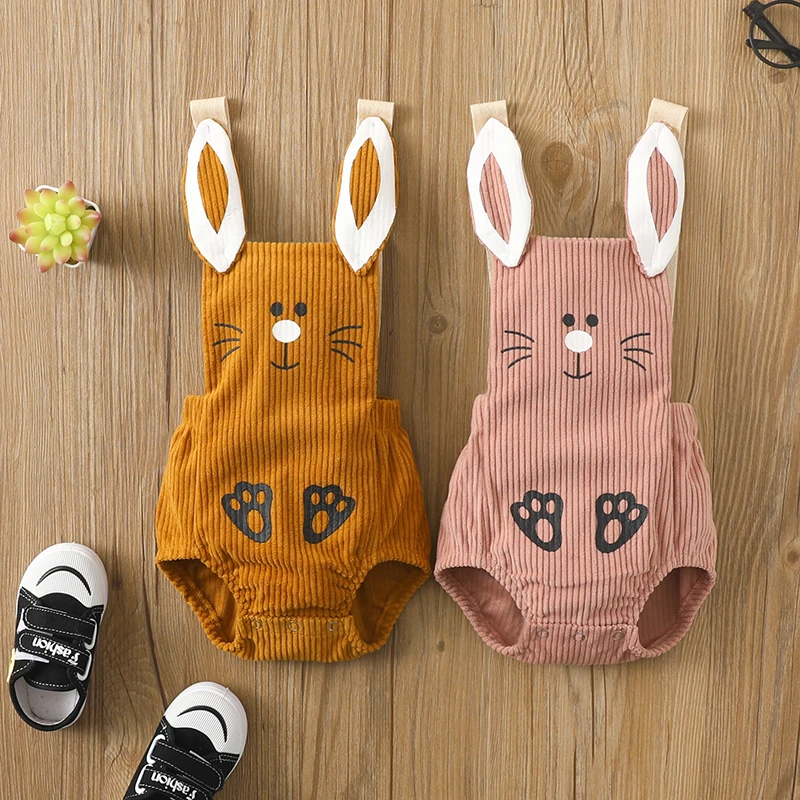 

Baby Girl Boy Bodysuit Clothes Button Corduroy Jumpsuit Sleeveless Cartoon Rabbit Clothes for Newborns Summer Easter for Babies