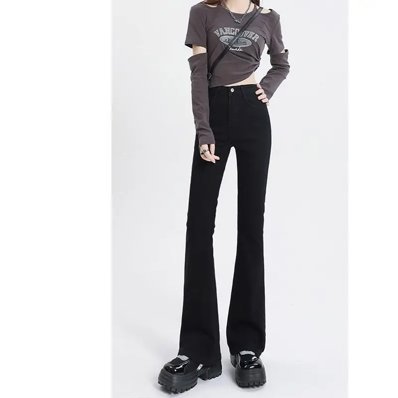 

Черные женские джинсы-клеш с высокой талией в стиле ретро, новинка сезона осень-зима 2022, Эластичные Обтягивающие длинные брюки-стрейч с широ...