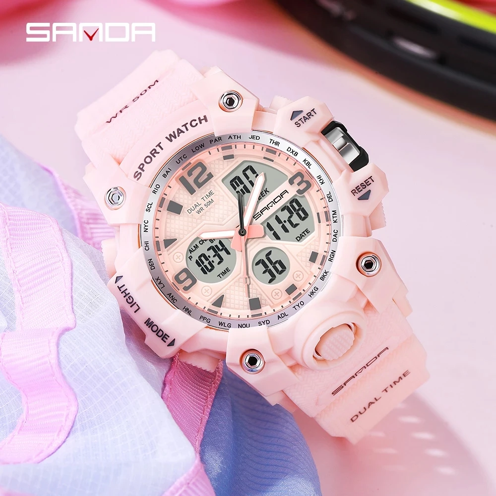 Enlarge 2023 SANDA Fashion Sports Women's Watches Multifunction Waterproof Analog Digital Wristwatch Casual Clock Relogio Feminino 942