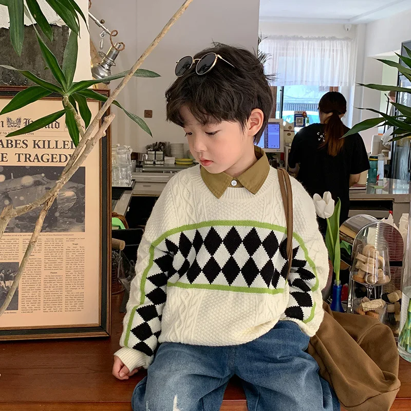 

Детские весенне-осенние свитера для мальчиков и девочек ромб трикотажная одежда детские мягкие свободные трикотажные пуловеры