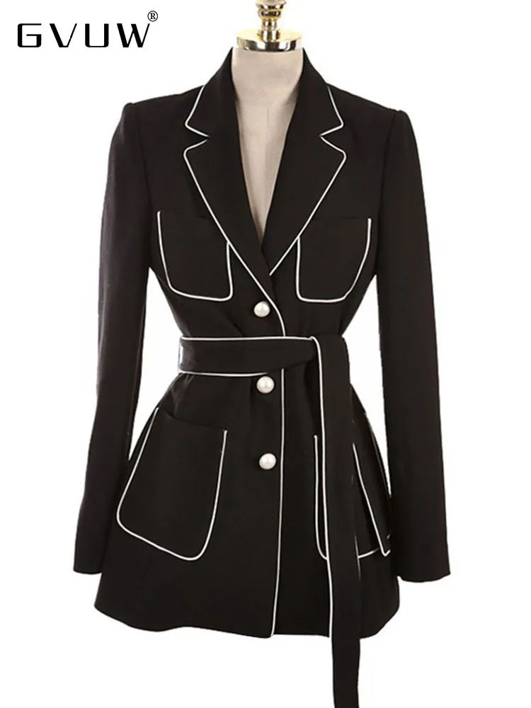 

GVUW 2023 Autumn New Lapel Suit Coat Women's Spliced White Edge Pearl Button Belt Versatile Long Sleeve Top Female Trend 17G1956