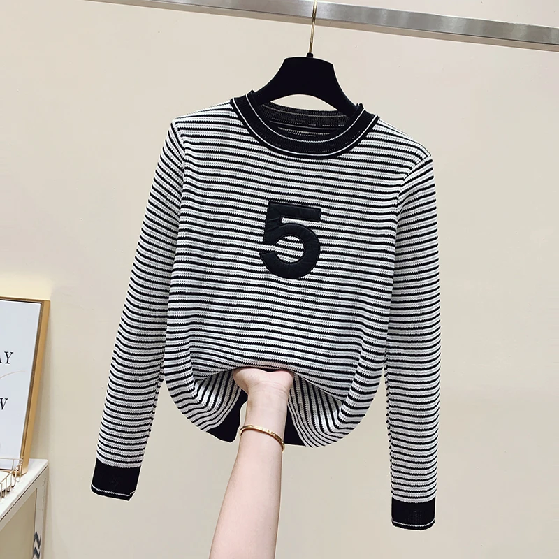 

Number 5 Striped Sweater Women Long Sleeve Casual O Neck Fashion Knitted Tops Jumper Pullover Traf 2022 New Clothes Femme I552