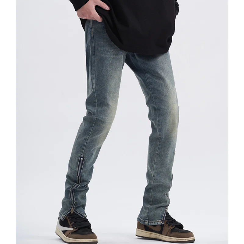 Men's Wear 2022 Autumn New Straight Cylinder Pattern Self-cultivation Lower Zipper Blue Pencil Pants Recreational Jeans Female