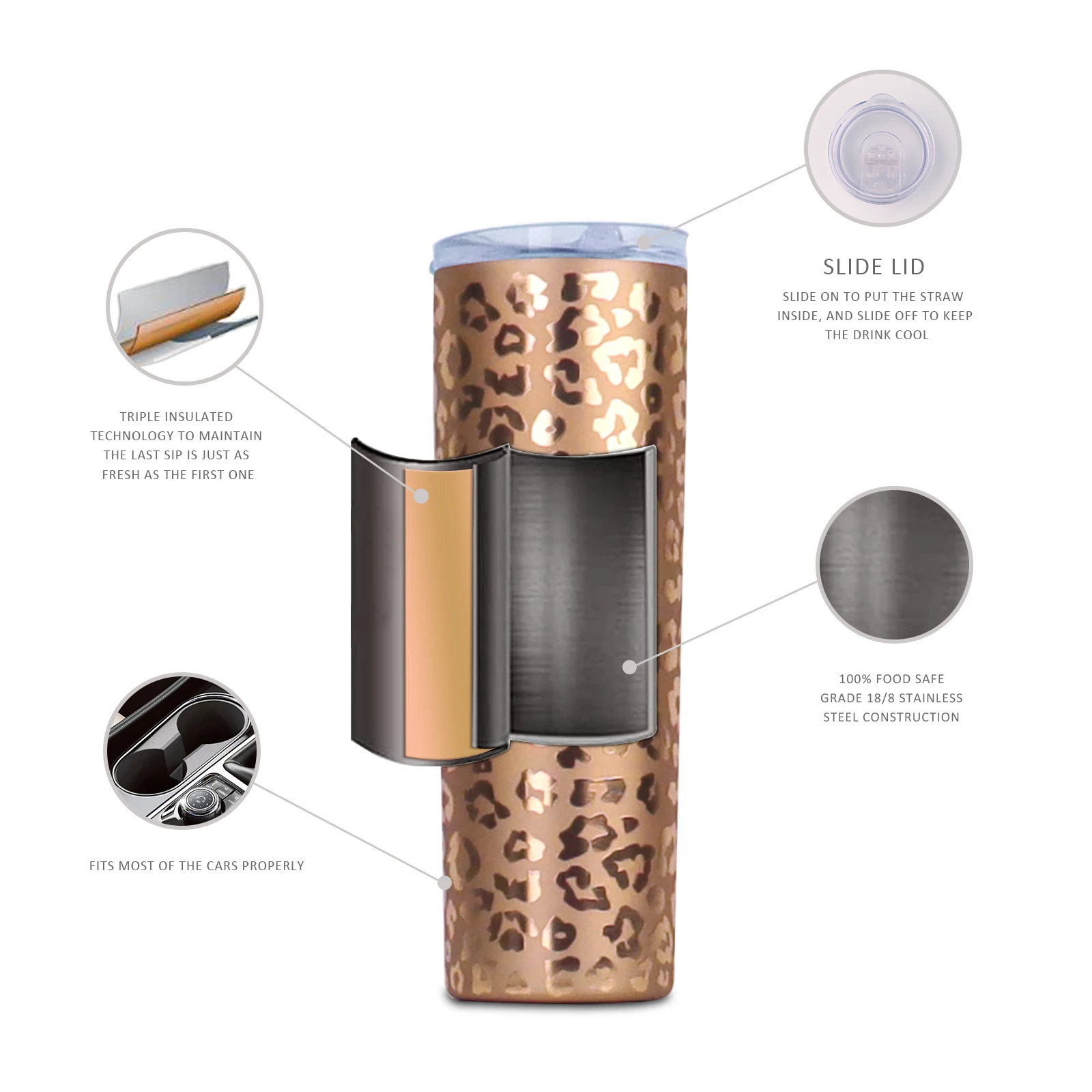 Hot Sale Fashion 20oz Rose Gold Leopard Print Stainless Steel Tumbler DOM-1021175