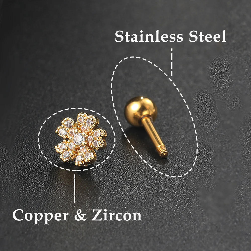 Серьги-гвоздики из нержавеющей стали с цирконом для пирсинга козелка уха